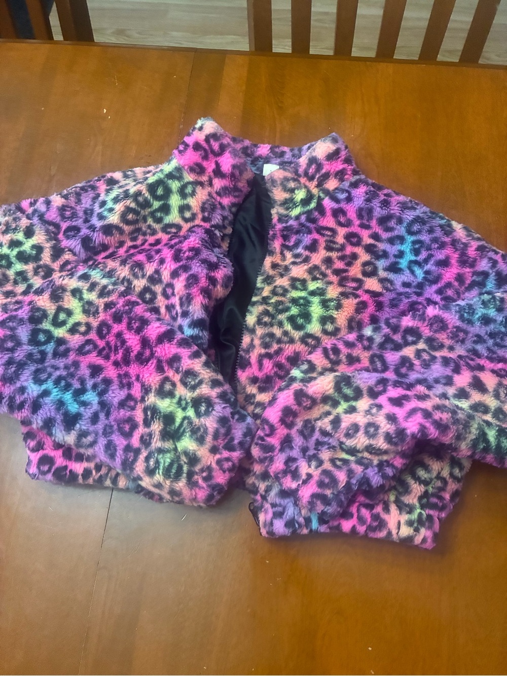 SHEIN Neon Multicolor Faux Fur Leopard Jacket - Pink, Purple, Blue, Green